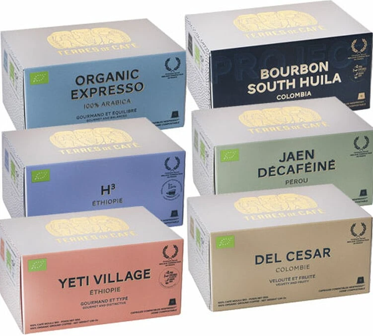 Pack Découverte 60 Capsules Compostables Compatibles Nespresso®- TERRES DE CAFE 3 Pack Découverte 60 Capsules Compostables Compatibles Nespresso®- TERRES DE CAFE